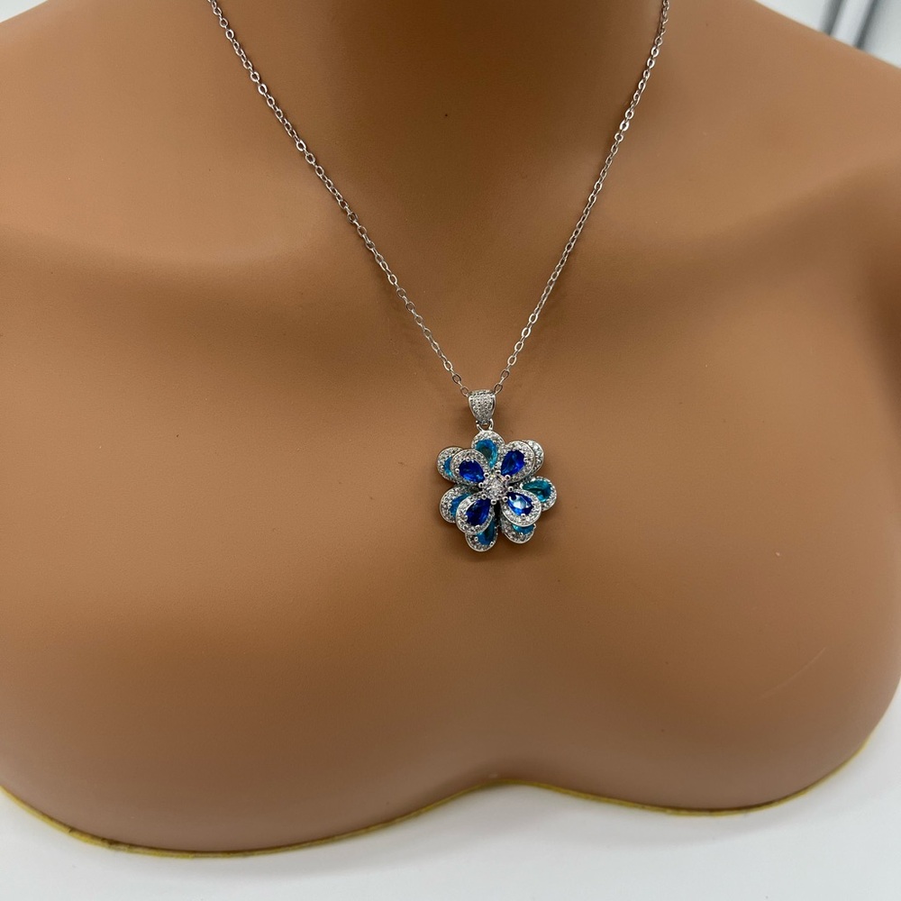 Blue CZ Silver Flower Pendant Necklace - Picture 3 of 3